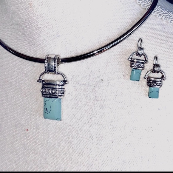 Boho Turquoise Stone Pendant Slide With Hook Turquoise Earrings Set Silver Tone - Picture 8 of 11